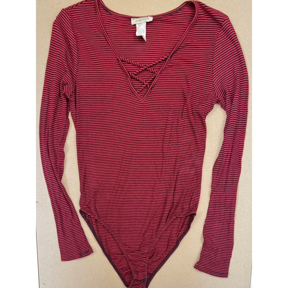 Red + Black Striped Bodysuit Large Ribbed Long Sleeve Pirate Halloween Grunge